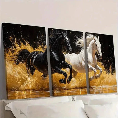 3pcs Black & White Horses with Golden Accents Wall Art Canvas Unframed - High Quality Print 100% Australian Made Wall Canvas - Bella Home Decor