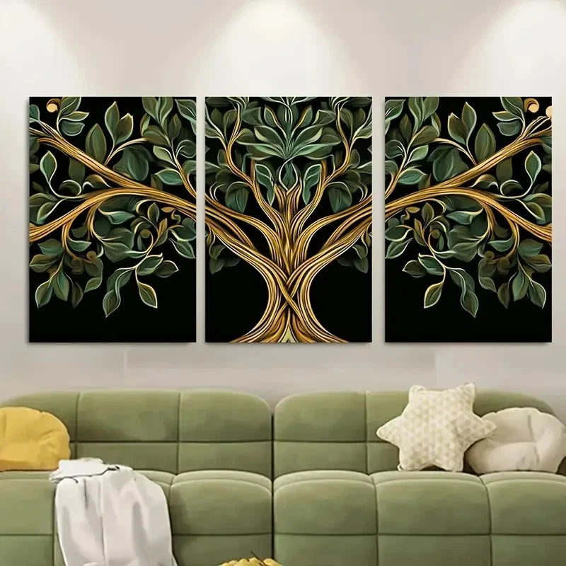3pcs Golden and Green Tree of Life Metal Print Ready to Hang Art - Bella Home Decor