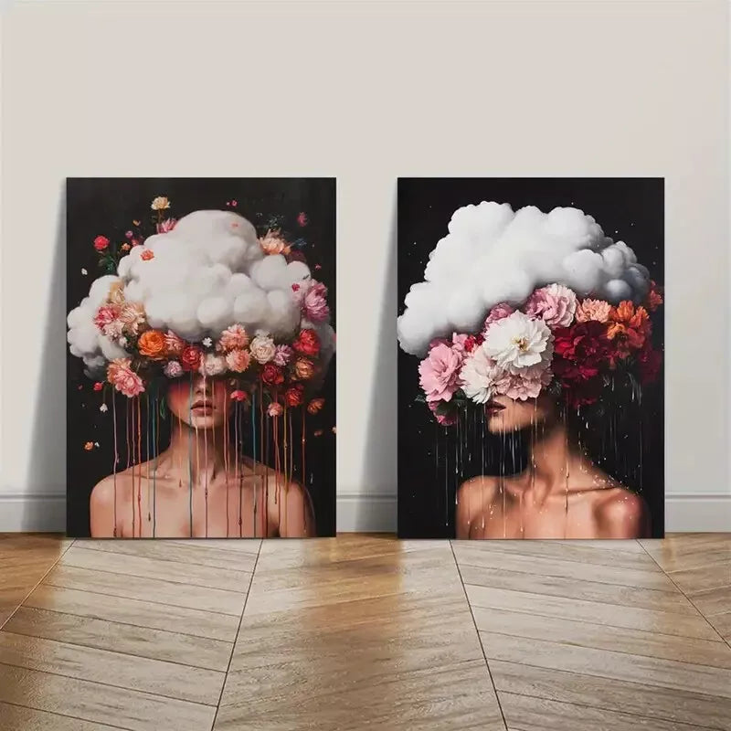 2pcs Surreal Floral Woman & Vibrant Pink and Red Flowers Canvas Framed 50x75cm - High Quality Print 100% Australian Made Wall Canvas Ready to Hang - Bella Home Decor