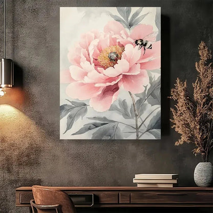 Beautiful Elegant Pink Peony With Bee Painting 40x60cm Metal Print Ready to Hang - Bella Home Decor