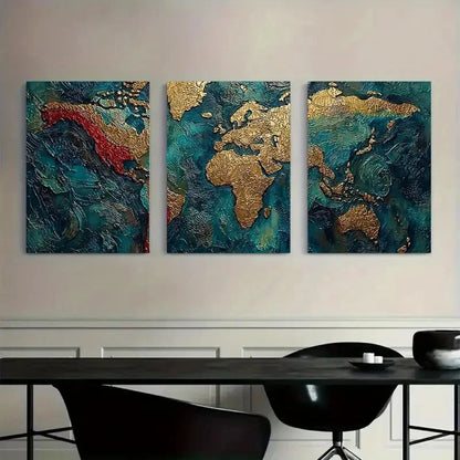 3pcs Golden & Turquoise World Map Metal Print Ready to Hang Art - Bella Home Decor