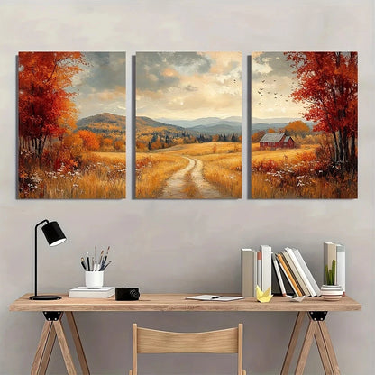 3pcs Rustic Farmhouse Meadow Autumn Scenery Metal Print Ready to Hang Art - Bella Home Decor