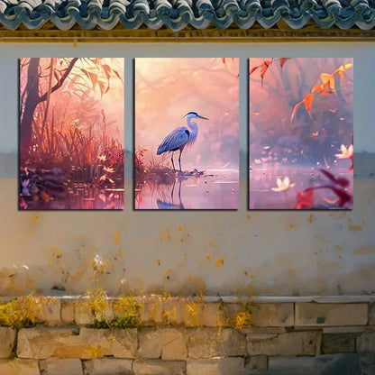 3pcs Vibrant Heron in Serene Pond Scene Metal Print Ready to Hang Art - Bella Home Decor