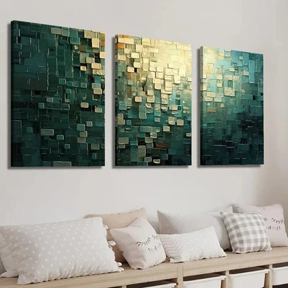 3pcs Abstract Golden & Cyan Decor Wall Art Set Canvas Unframed - High Quality Print 100% Australian Made Wall Canvas - Bella Home Decor