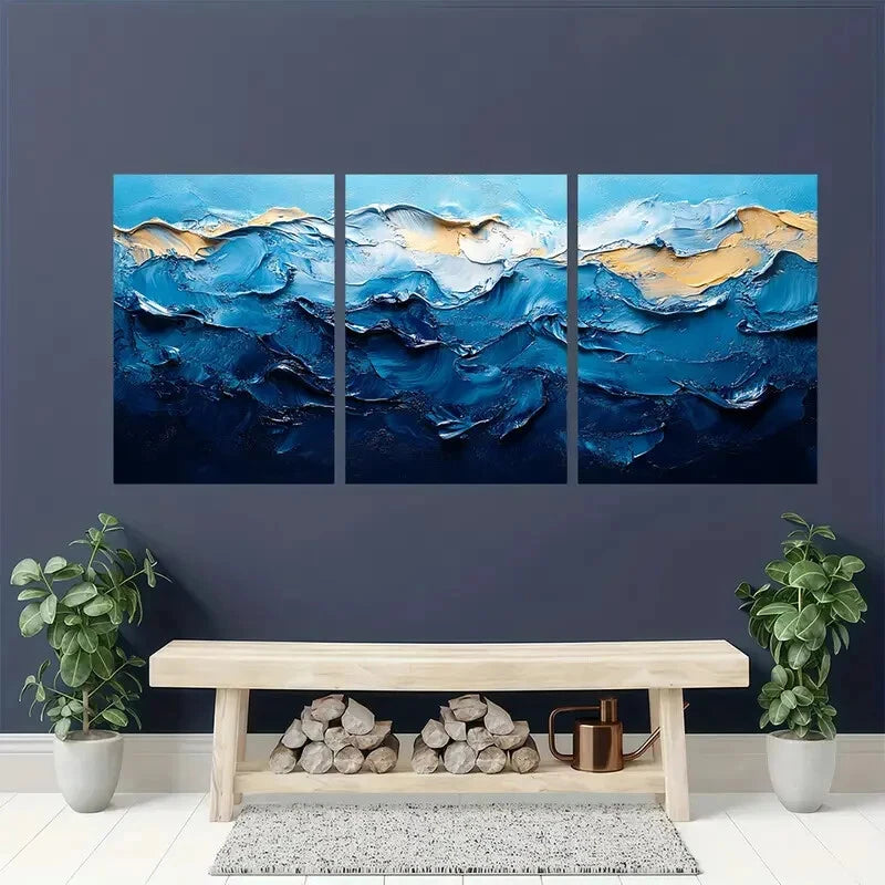 3pcs Sky Blue Minimalist Abstract Texture Art Metal Print Ready to Hang Art - Bella Home Decor