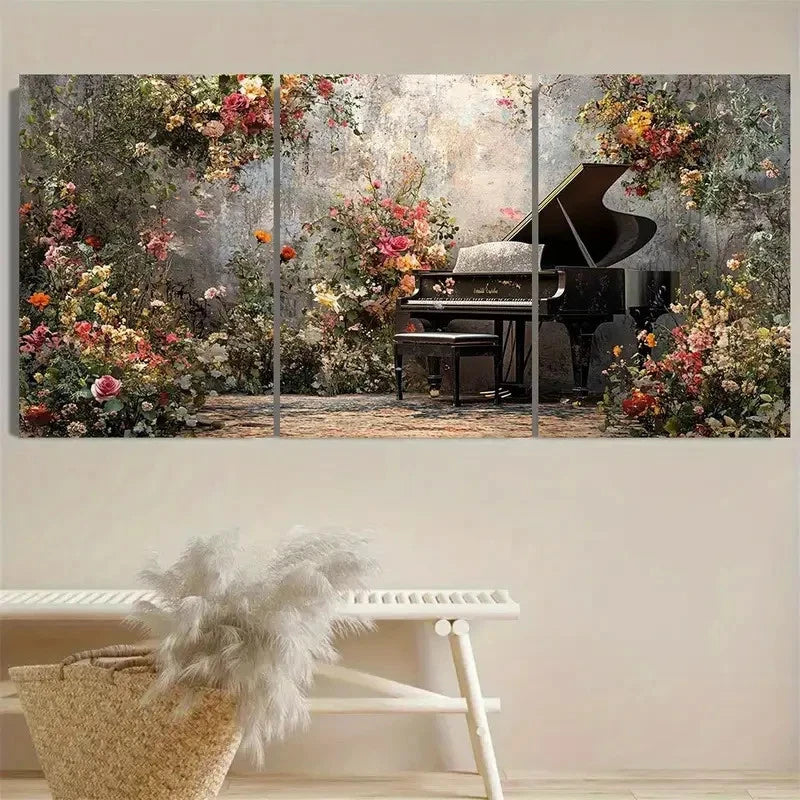 3pcs Enchanting Piano & Floral Garden Wall Art Set Canvas Framed 40x60cm - High Quality Print 100% Australian Made Wall Canvas Ready to Hang