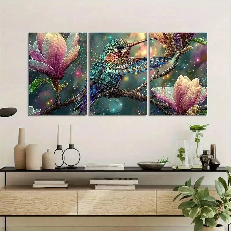 3pcs Vibrant Hummingbird & Magical Effects Metal Print Ready to Hang Art - Bella Home Decor