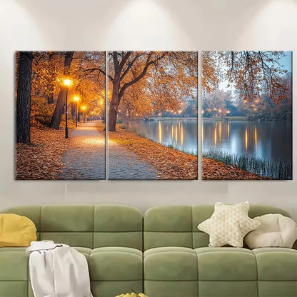 3pcs Golden Street Lights Illuminated Landscape Metal Print Ready to Hang Art - Bella Home Decor