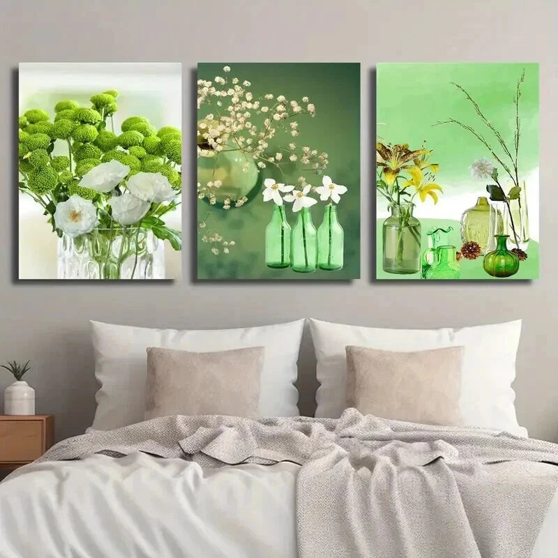 3pcs Emerald Green Bottle Plant Flower Perfect Wall Art Set Canvas Framed 60x90cm - High Quality Print 100% Australian Made Wall Canvas Ready to Hang - Bella Home Decor
