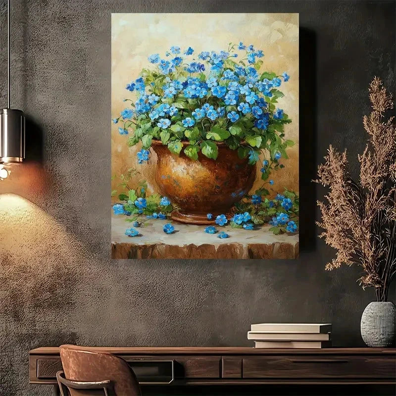Beautiful Blue Flowers In Pot Painting 40x60cm Metal Print Ready to Hang
