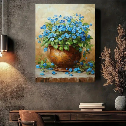 Beautiful Blue Flowers In Pot Painting 40x60cm Metal Print Ready to Hang