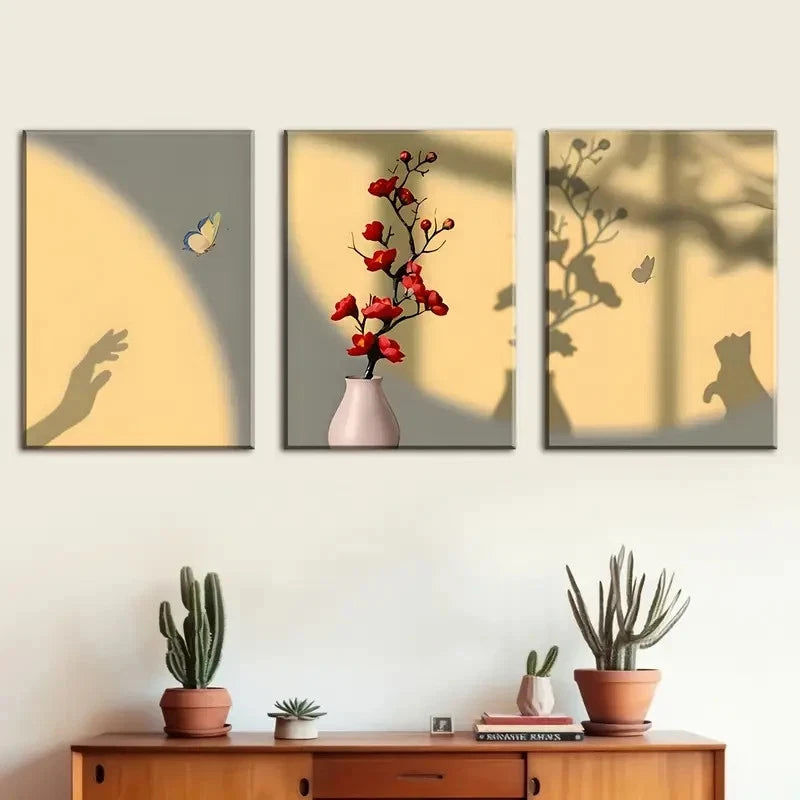 3pcs Light & Shadow Floral Wall Decor Prints Metal Print Ready to Hang Art - Bella Home Decor