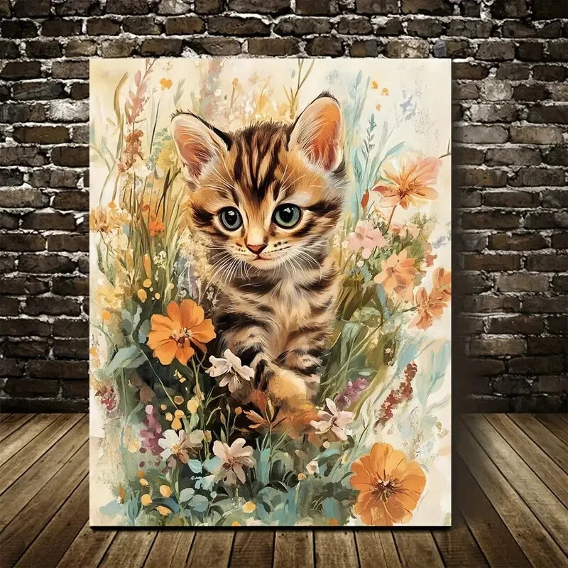 Cute Bengal Kitten with Flowers & Plants Painting 40x60cm Metal Print Ready to Hang