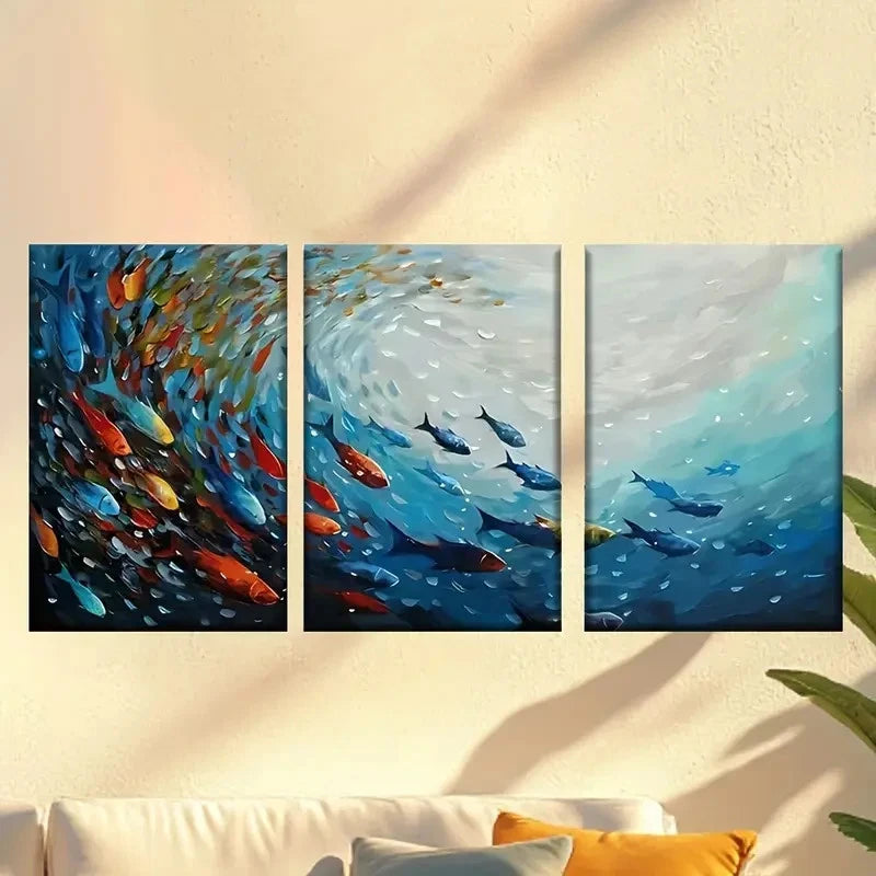 3pcs Abstract Depiction Vibrant Fish in Ocean Wall Art Set Canvas Framed 50x70cm - High Quality Print 100% Australian Made Wall Canvas Ready to Hang - Bella Home Decor
