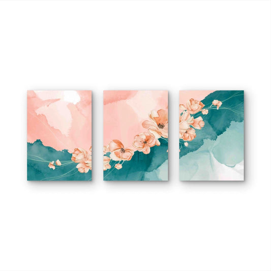 3pcs Watercolor Painting Flowers Blue Pink Metal Print Ready to Hang Art