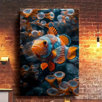 Vibrant Orange & Blue Fish Oil Painting Metal Print Ready to Hang