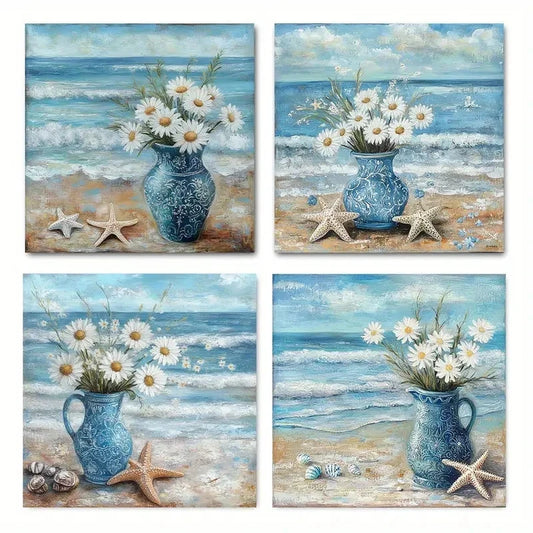 4pcsOcean Waves, Starfish & FlowersWall Art Canvas Framed