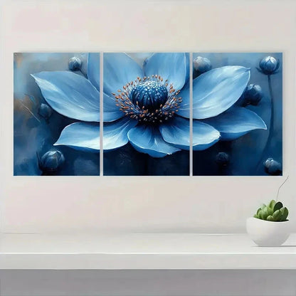 3pcs Blue Sea Holly Modern Abstract Floral Design Metal Print Ready to Hang Art - Bella Home Decor