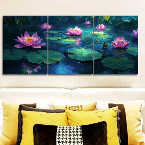 3pcs Water Lilies in Moonlight Luxurious Home Wall Art Set Canvas Unframed - High Quality Print 100% Australian Made Wall Canvas