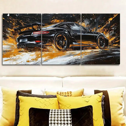 3pcs Black Sports Car Metal Print Ready to Hang Art