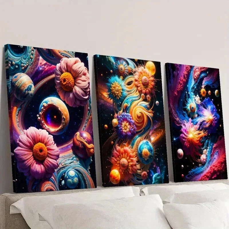 3pcs Vortex and Flower Abstract Illustration Wall Art Set Canvas Framed 60x90cm - High Quality Print 100% Australian Made Wall Canvas Ready to Hang