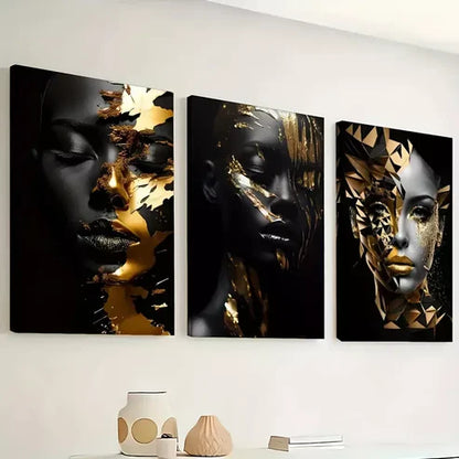 3pcs Abstract Golden Decoration of African Women Wall Art Canvas Unframed - High Quality Print 100% Australian Made Wall Canvas - Bella Home Decor