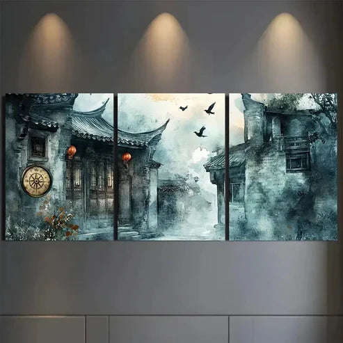 3pcs Chinese Courtyard Under the Northern Lights Wall Art Canvas Unframed – High Quality Print 100% Australian Made Wall Canvas - Bella Home Decor