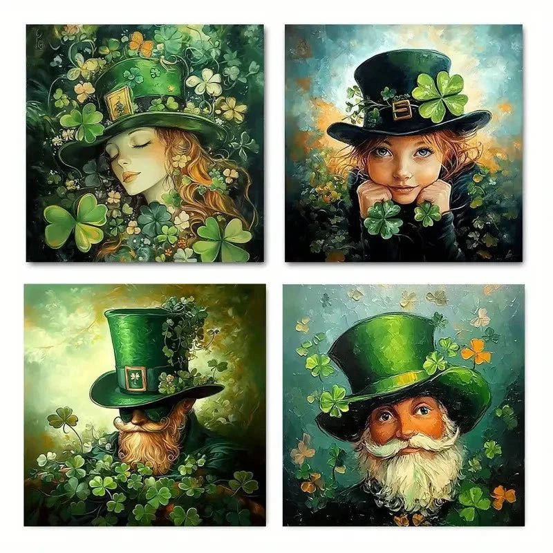 4pcs Hat and Four Leaf Clover Wall Art Canvas Framed