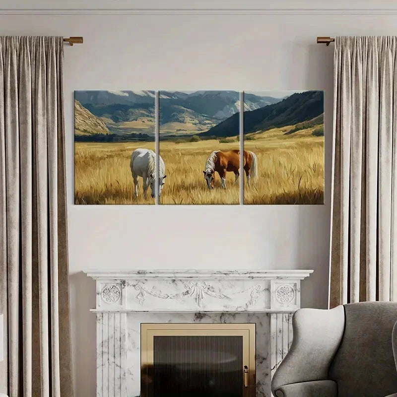 3pcs Artistic Horses Grazing Mountain Landscape Metal Print Ready to Hang Art - Bella Home Decor
