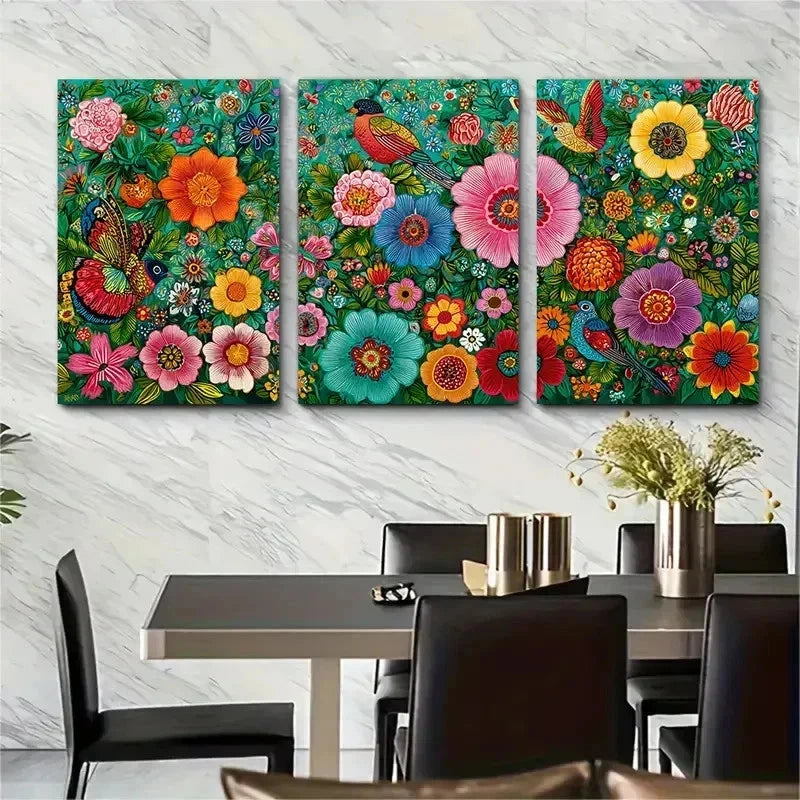 3pcs Colorful Floral Bird Peruvian Folk Perfect Wall Art Set Canvas Framed 50x70cm - High Quality Print 100% Australian Made Wall Canvas Ready to Hang - Bella Home Decor