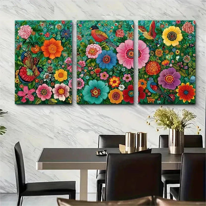 3pcs Colorful Floral Bird Peruvian Folk Perfect Wall Art Set Canvas Framed 50x70cm - High Quality Print 100% Australian Made Wall Canvas Ready to Hang - Bella Home Decor