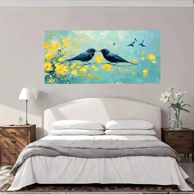 Blackbirds & Spring Blossoms Wall Art Canvas Office Home Room Framed 120x60cm