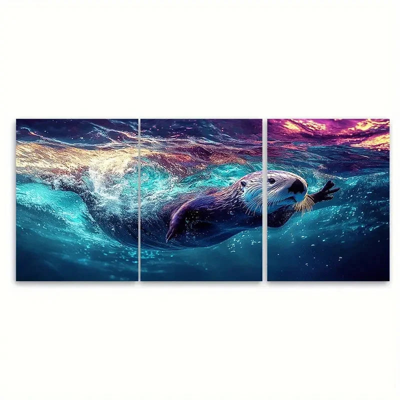 3pcs Cute Sea Otter Swimming in Blue Water Wall Art Set Canvas Framed 50x70cm - High Quality Print 100% Australian Made Wall Canvas Ready to Hang - Bella Home Decor