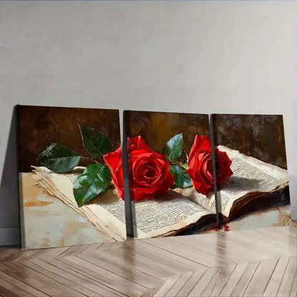 3pcs Red roses from the newspaper Wall Art Set Canvas Unframed - High Quality Print 100% Australian Made Wall Canvas