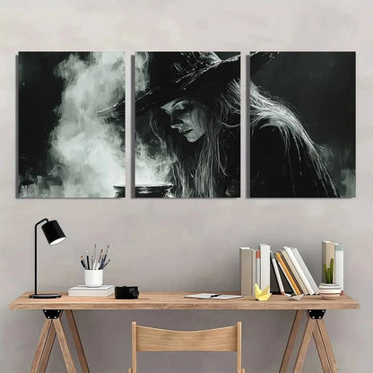 3pcs Monochrome Moody Witch Brewing Scene Metal Print Ready to Hang Art - Bella Home Decor