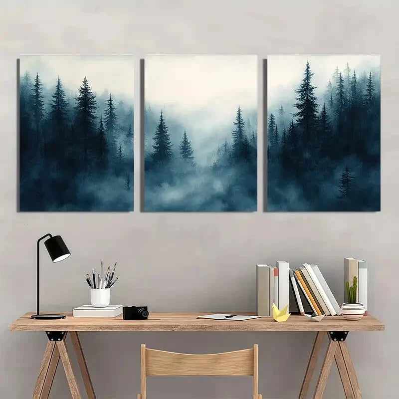 3pcs Foggy Pine Forest Watercolor Painting Metal Print Ready to Hang Art - Bella Home Decor