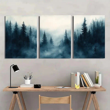 3pcs Foggy Pine Forest Watercolor Painting Metal Print Ready to Hang Art - Bella Home Decor