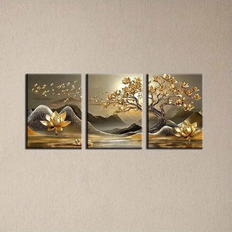 3pcs Golden For Lotus Tree Of Life Perfect Wall Art Set Canvas Framed 60x90cm - High Quality Print 100% Australian Made Wall Canvas Ready to Hang - Bella Home Decor