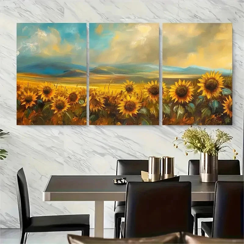 3pcs Sunflower Field with Autumn Backdrop Metal Print Ready to Hang Art