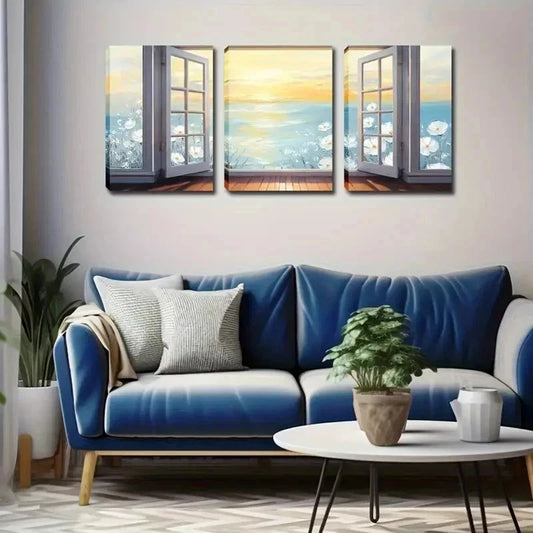 3pcs Sea, Blooming Flowers & Calming wall Art Set Canvas Framed 50x70cm - High Quality Print 100% Australian Made Wall Canvas Ready to Hang