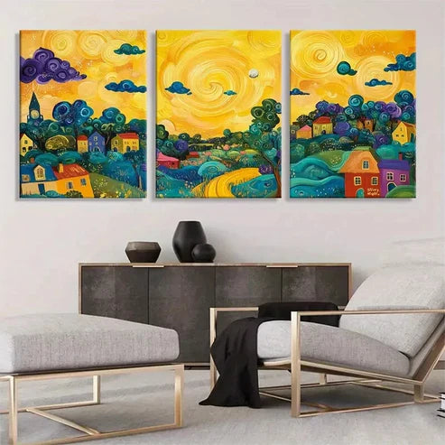3pcs Swirling Clouds & Bright Sun Vibrant Lands Wall Art Canvas Unframed - High Quality Print 100% Australian Made Wall Canvas