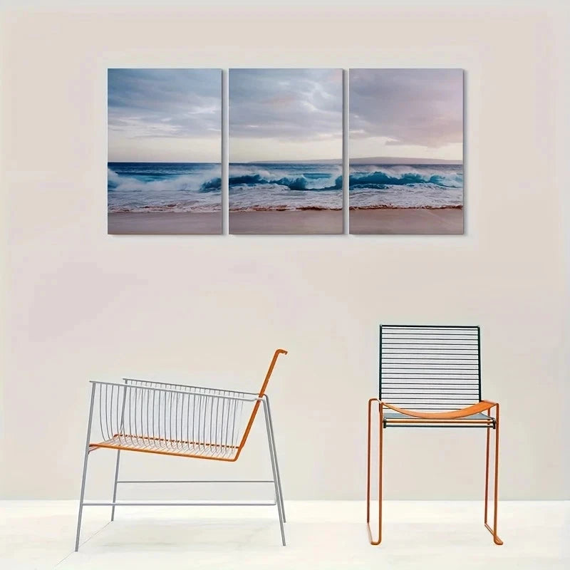 3pcs Golden Sunset & Rolling Waves Metal Print Ready to Hang Art - Bella Home Decor