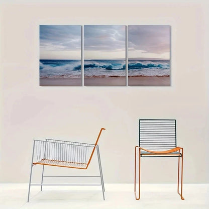 3pcs Golden Sunset & Rolling Waves Metal Print Ready to Hang Art - Bella Home Decor