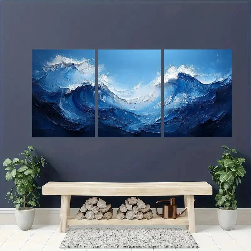 3pcs Dark Blue and White Abstract Wave Painting Metal Print Ready to Hang Art - Bella Home Decor