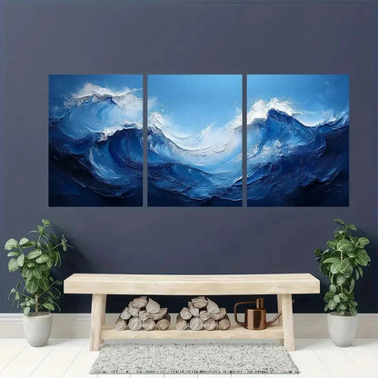 3pcs Dark Blue and White Abstract Wave Painting Metal Print Ready to Hang Art - Bella Home Decor
