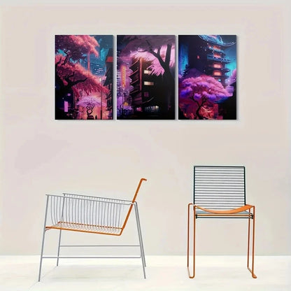 3pcs Cherry Blossom Vibrant Urban Night Scene Metal Print Ready to Hang Art - Bella Home Decor