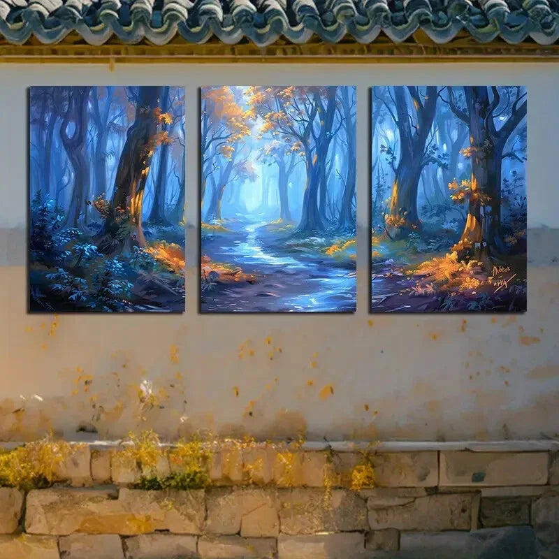 3pcs Winter Fairy Tale Forest with pathway Metal Print Ready to Hang Art - Bella Home Decor