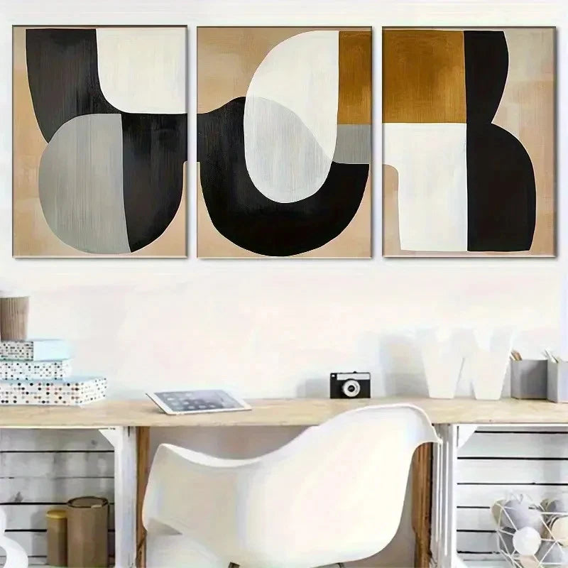 3pcs Black and White Golden Beige Color Metal Print Ready to Hang Art - Bella Home Decor