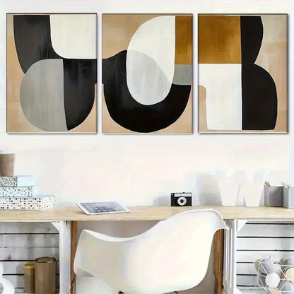 3pcs Black and White Golden Beige Color Metal Print Ready to Hang Art - Bella Home Decor