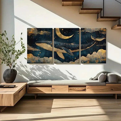 3pcs Whale Dream Sky Moon Stars Clouds Night Art Metal Print Ready to Hang Art - Bella Home Decor